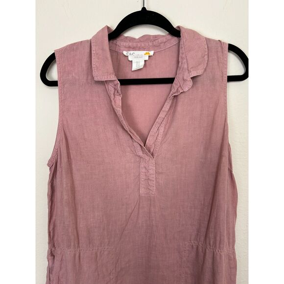 C&C California Dress Women's 12 Pink 100% Linen Tank Summer Beachy Pockets - Picture 3 of 9